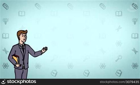 Animated 2D Character Young man dressed in a suit (Student, Learner, Pupil,...) standing on the side and says pointing at the center of the composition. The average plan of the character. The character is drawn with a curved animated outline. Azure background. Animation looped.