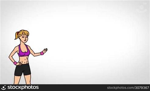 Animated 2D Character Young woman dressed in a sports top, leggings and sneakers (Sportswoman, fitness instructor, yoga instructor, athlete, gymnast, runner...) standing on the side and says pointing at the center of the composition. The average plan of the character. The character is drawn with a smooth outline. White background. Animation looped.