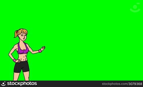 Animated 2D Character Young woman dressed in a sports top, leggings and sneakers (Sportswoman, fitness instructor, yoga instructor, athlete, gymnast, runner...) standing on the side and says pointing at the center of the composition. The average plan of the character. The character is drawn with a smooth outline. Green screen - Chroma key. Animation looped.