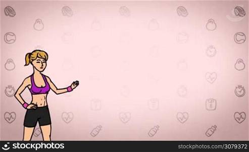 Animated 2D Character Young woman dressed in a sports top, leggings and sneakers (Sportswoman, fitness instructor, yoga instructor, athlete, gymnast, runner...) standing on the side and says pointing at the center of the composition. The average plan of the character. The character is drawn with a curved animated outline. Pink background. Animation looped.
