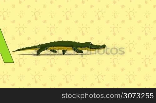 Animated English alphabet. Letter A and word Alligator.