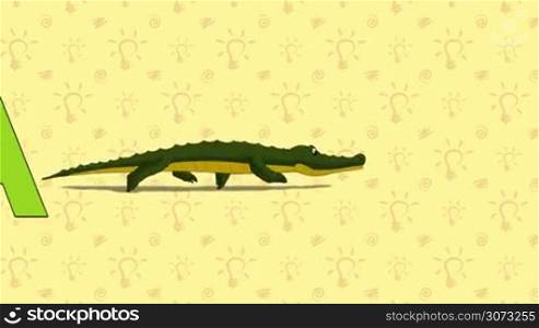 Animated English alphabet. Letter A and word Alligator.