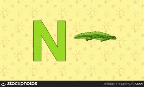 Animated English alphabet. Letter N and word Newt.