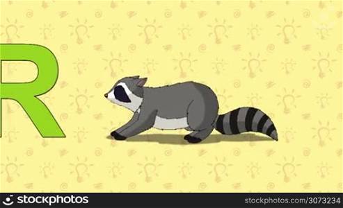Animated English alphabet. Letter R and word Raccoon.