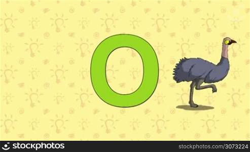 Animated English ZOO alphabet. Letter O and word Ostrich. 2D