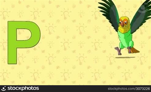 Animated English ZOO alphabet. Letter P and word Parrot.