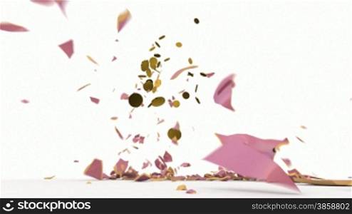 Animated moneybox falling on white surface and breaking into pieces