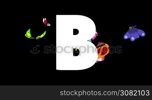Animated zoological English alphabet. Alpha matte motion graphic. Cartoon Butterfly in a foreground of a letter B