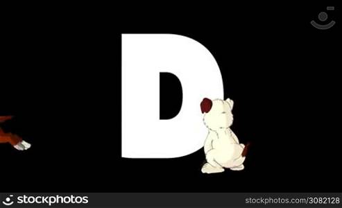 Animated zoological English alphabet. Alpha matte motion graphic. Cartoon Dog in a foreground of a letter D