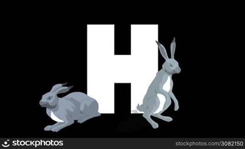 Animated zoological English alphabet. Alpha matte motion graphic. Cartoon Hare in a foreground of a letter H