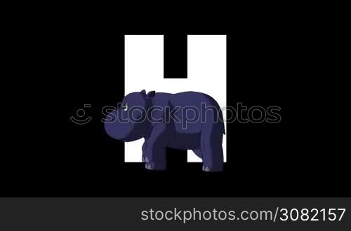 Animated zoological English alphabet. Alpha matte motion graphic. Cartoon Hippo in a foreground of a letter H