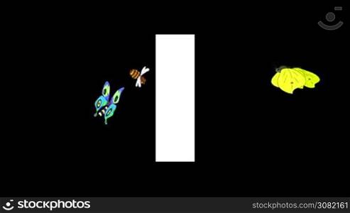 Animated zoological English alphabet. Alpha matte motion graphic. Cartoon Insect in a background of a letter I