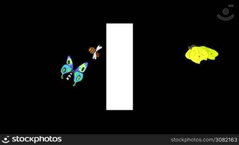 Animated zoological English alphabet. Alpha matte motion graphic. Cartoon Insect in a foreground of a letter I