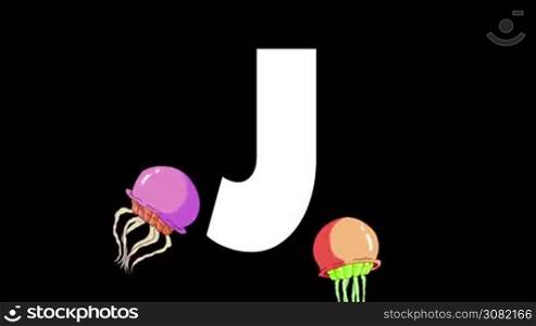 Animated zoological English alphabet. Alpha matte motion graphic. Cartoon Jellyfish in a background of a letter J
