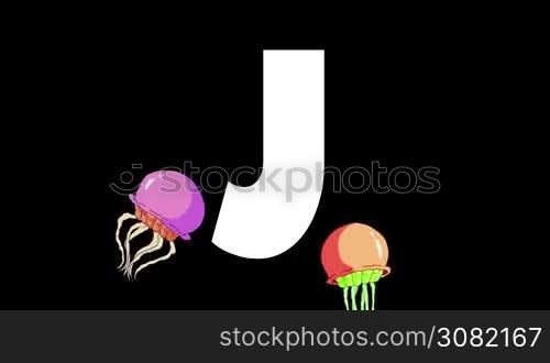 Animated zoological English alphabet. Alpha matte motion graphic. Cartoon Jellyfish in a foreground of a letter J