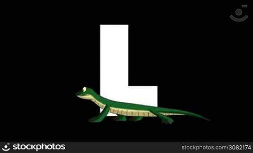 Animated zoological English alphabet. Alpha matte motion graphic. Cartoon Lizard in a foreground of a letter L