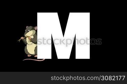 Animated zoological English alphabet. Alpha matte motion graphic. Cartoon Mouse in a background of a letter M
