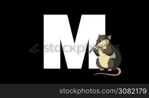 Animated zoological English alphabet. Alpha matte motion graphic. Cartoon Mouse in a foreground of a letter M