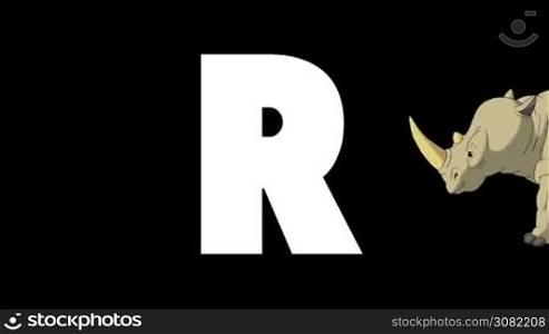 Animated zoological English alphabet. Alpha matte motion graphic. Cartoon Rhino in a background of a letter R