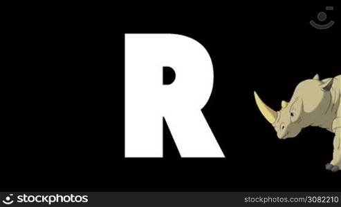 Animated zoological English alphabet. Alpha matte motion graphic. Cartoon Rhino in a foreground of a letter R