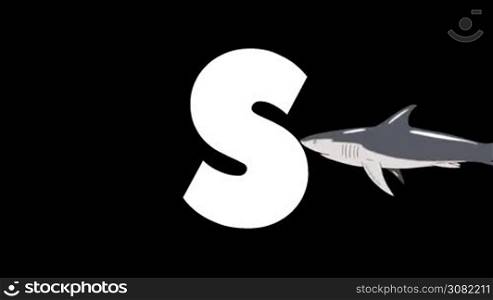 Animated zoological English alphabet. Alpha matte motion graphic. Cartoon Shark in a background of a letter S