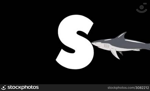 Animated zoological English alphabet. Alpha matte motion graphic. Cartoon Shark in a foreground of a letter S