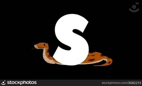 Animated zoological English alphabet. Alpha matte motion graphic. Cartoon Snake in a background of a letter S