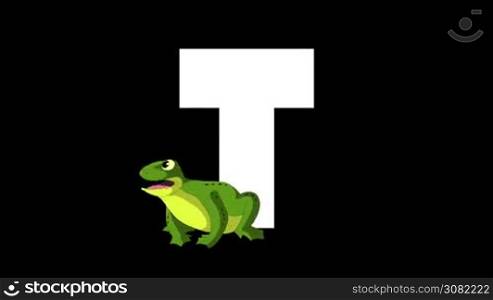 Animated zoological English alphabet. Alpha matte motion graphic. Cartoon Toad in a foreground of a letter T