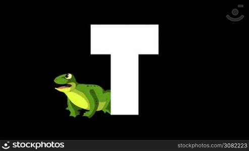 Animated zoological English alphabet. Alpha matte motion graphic. Cartoon Toad in a background of a letter T