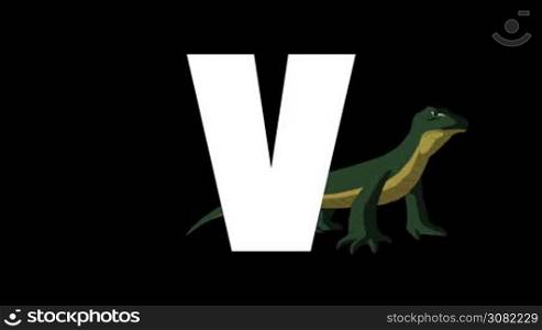 Animated zoological English alphabet. Alpha matte motion graphic. Cartoon Varanus in a background of a letter V