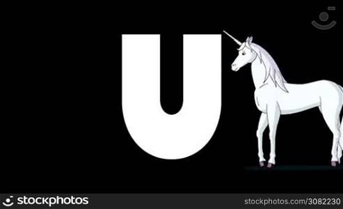 Animated zoological English alphabet. Alpha matte motion graphic. Cartoon Unicorn in a foreground of a letter U