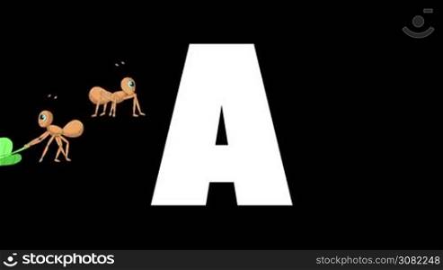 Animated zoological English alphabet. Alpha matte motion graphic. Cartoon Ant in a background of a letter A