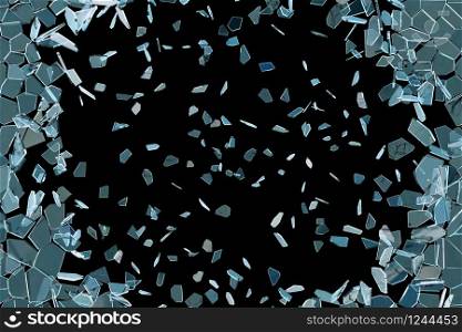 Animation of Blue Broken Glass break on Black Background, 3D rendering
