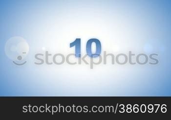 Animation of countdown from ten to one, on blue background with lens flare.