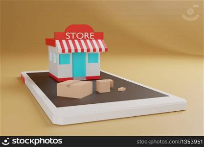 Animation online shopping E-commerce, shop and box on smartphone,3d rendering