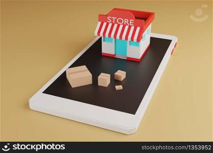 Animation online shopping E-commerce, shop and box on smartphone,3d rendering