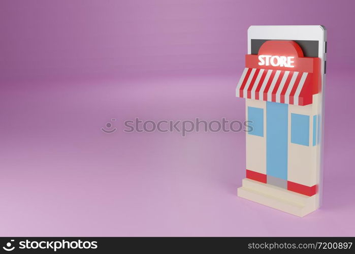 Animation online shopping E-commerce, store, box and Delivery Trucks on smartphone,3d rendering