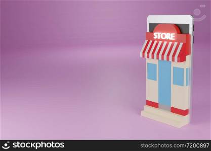 Animation online shopping E-commerce, store, box and Delivery Trucks on smartphone,3d rendering