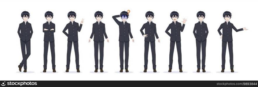 Anime manga boy in full-length black school uniform. Various poses and emotions. Vector illustration