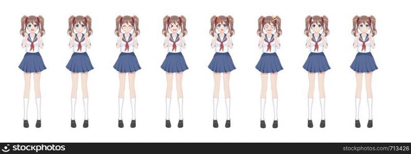 Anime manga girl, Cartoon character in Japanese style.School girl in a sailor suit, blue skirt.Set of emotions.Sprite full length character for game visual novel