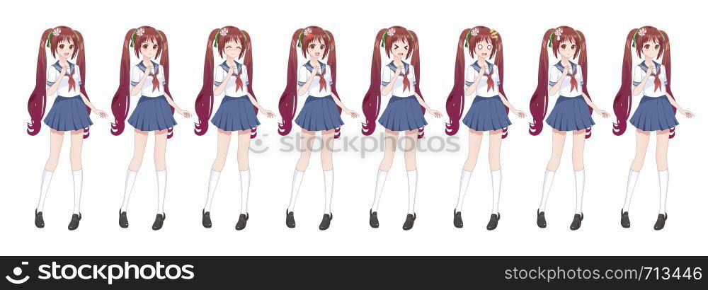 Anime manga girl, Cartoon character in Japanese style.School girl in a sailor suit, blue skirt.Set of emotions.Sprite full length character for game visual novel