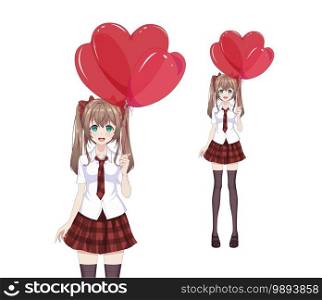 Anime manga girl in a red skirt and white blouse are holding heart-shaped balloons. Vector illustration