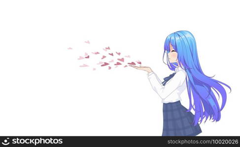 Anime manga girl in a skirt and blouse with long hair, blowing a kiss. Side view. Copy space, place for text on white isolated background. Vector illustration