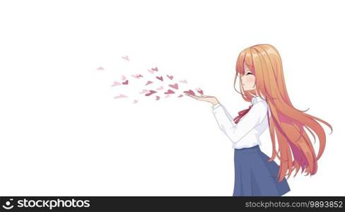 Anime manga girl in a skirt and blouse with long hair, blowing a kiss. Side view. Copy space, place for text on white isolated background. Vector illustration