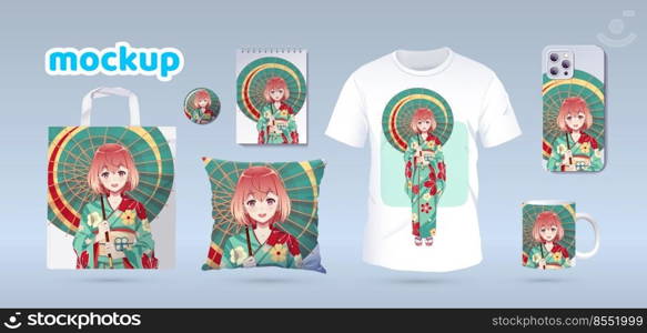 Anime Manga girl in traditional kimono. Identity branding mockup set top view. Prints on t-shirts, sweatshirts, cell phone cases, bags, souvenirs. Isolated vector illustration on white background. Anime girl in kimono. Prints on t-shirts, cases, souvenir