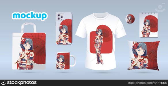 Anime Manga girl in traditional kimono. Identity branding mockup set top view. Prints on t-shirts, sweatshirts, cell phone cases, bags, souvenirs. Isolated vector illustration on white background. Anime girl in kimono. Prints on t-shirts, cases, souvenir