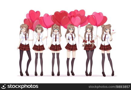 Anime manga girls in a red skirt and white blouse are holding heart-shaped balloons. Vector illustration