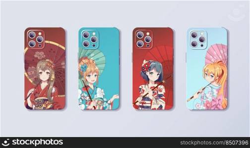 Anime manga girls in kimono and umbrella. Phone case design with colored print. Concept design for case and cover smartphone. Vector Illustration. Anime manga girls in kimono. Design for case and cover phone