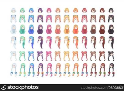 Anime manga hairstyles. Isolated multicolored hair set