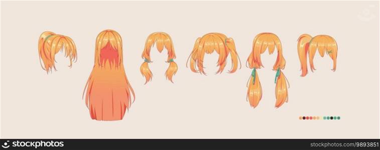 Anime manga hairstyles. Isolated redhead hair set